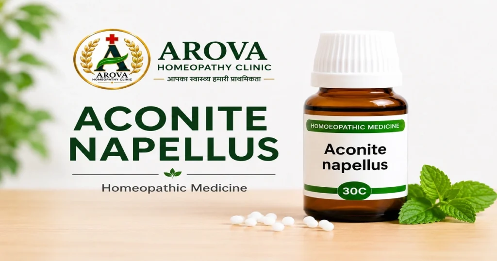 Aconite Napellus 30C Homeopathic Medicine bottle with Arova Homeopathy Clinic branding.