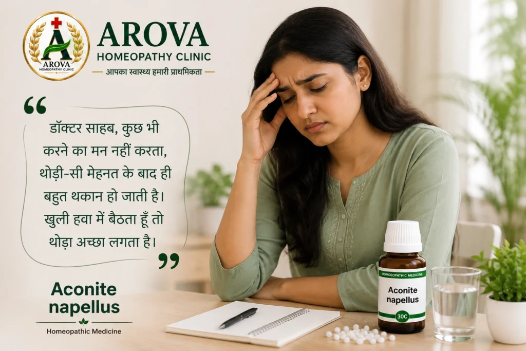 Patient expressing sudden fear and anxiety associated with Aconite Napellus symptom picture.