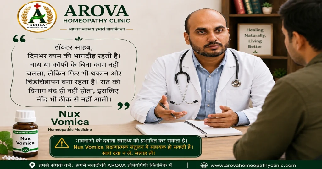 Doctor explaining Nux Vomica symptom pattern